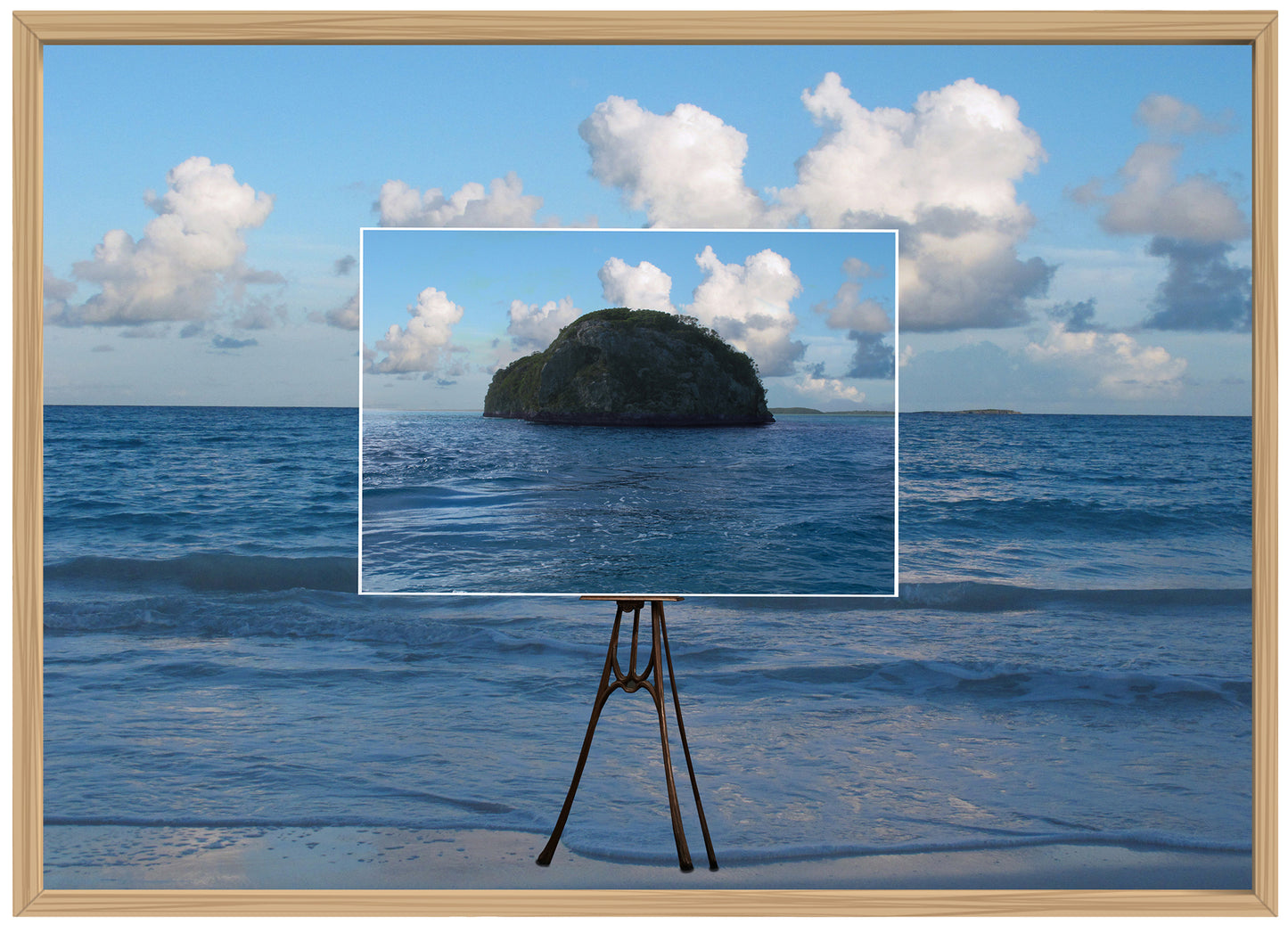 Opera fotografica di arte contemporanea / Contemporary art photo by Norma Picciotto – collage digitale surreale con isola su cavalletto in spiaggia al tramonto / surreal digital collage with island on easel on a sunset beach.