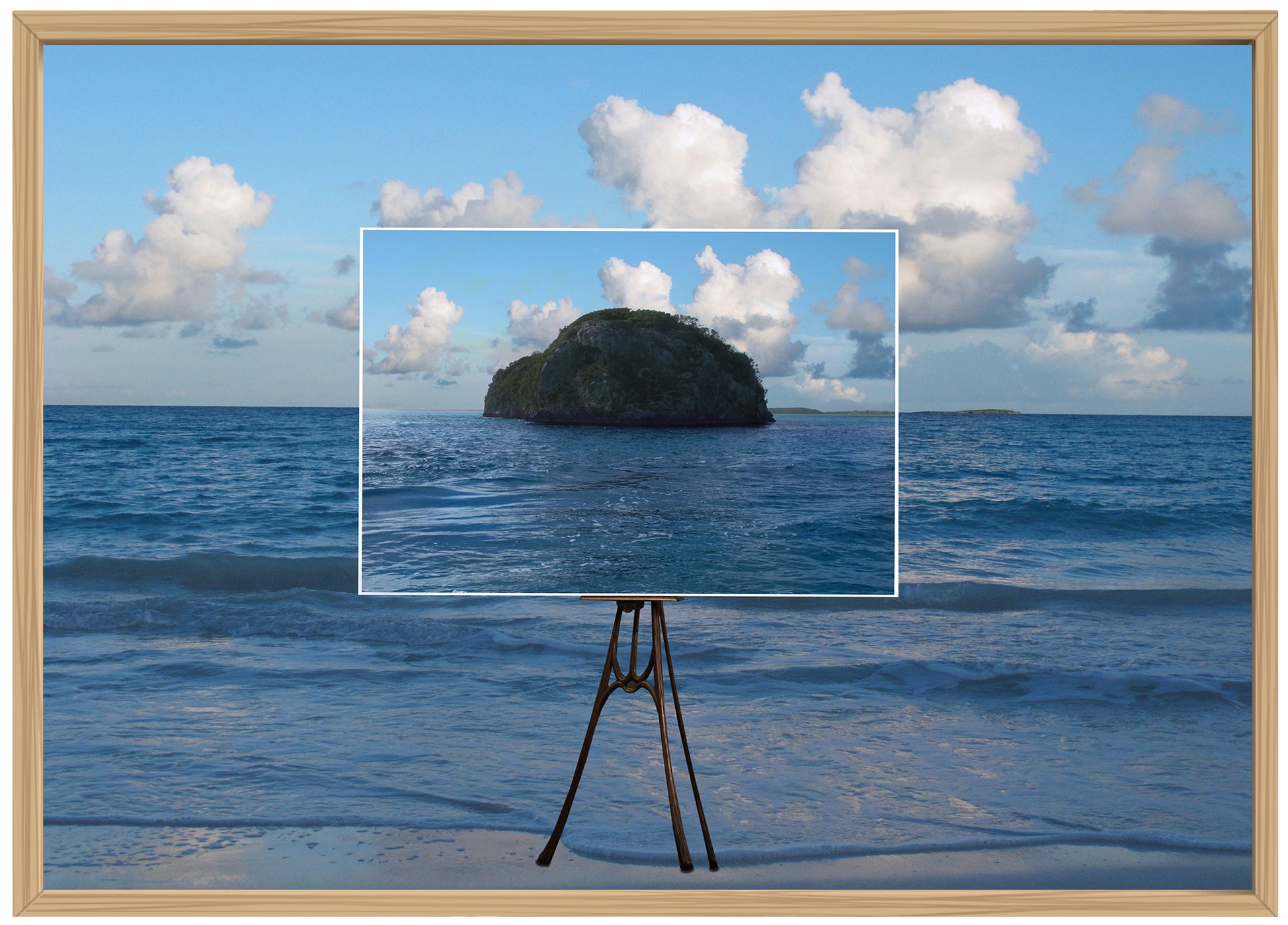 Opera fotografica di arte contemporanea / Contemporary art photo by Norma Picciotto – collage digitale surreale con isola su cavalletto in spiaggia al tramonto / surreal digital collage with island on easel on a sunset beach.