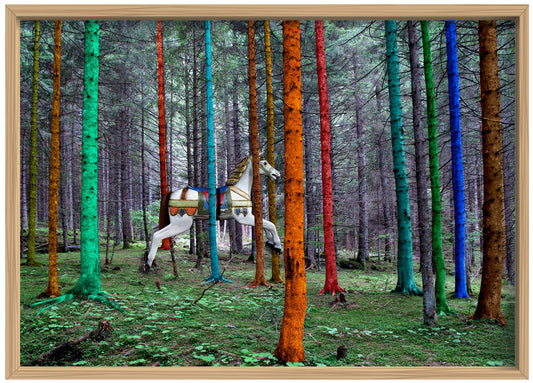 Opera fotografica di Norma Picciotto / Fine art photo by Norma Picciotto – collage digitale con cavallo di giostra tra alberi colorati in una foresta / carousel horse in a colorful forest.