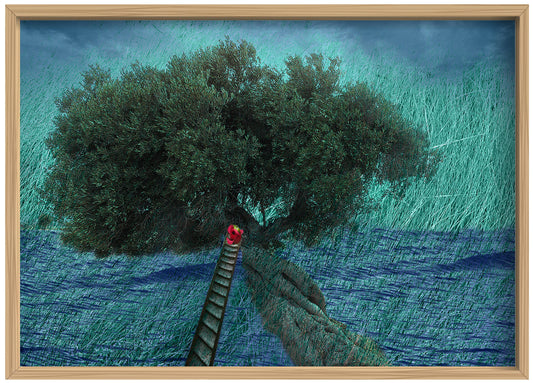 Fotomontaggio surrealista con scala, Surreal photomontage with ladder, rosa rossa e grande albero su sfondo marino, red rose and large tree over a marine landscape